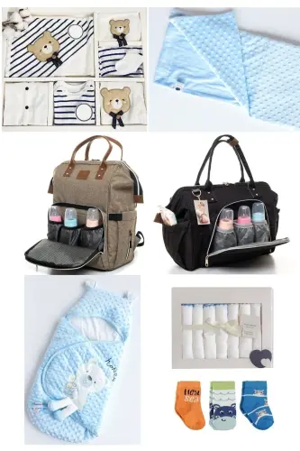 7 Cute Bears Newborn Set (10-Piece Hospital Outfit, Shoulder-Back Bag, Swaddle, Blanket, Handkerchief, Socks)-Beige 