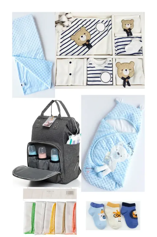7 Cute Bears Newborn Set (10-Piece Hospital Outfit, Shoulder-Back Bag, Swaddle, Blanket, Handkerchief, Socks)-Black - BOMBINOO