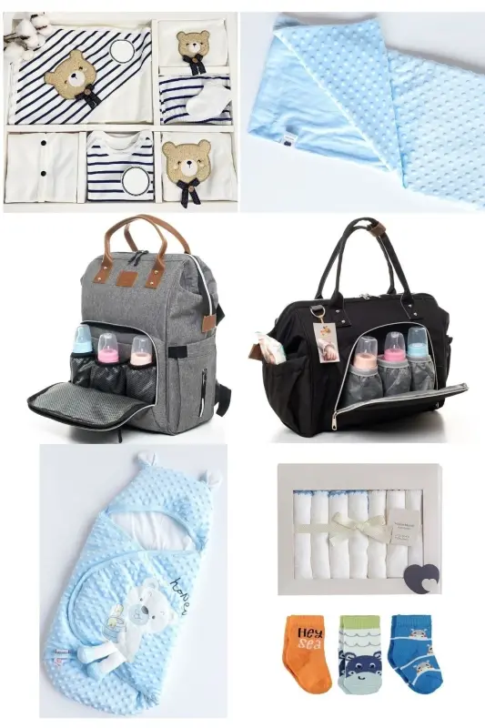 7 Cute Bears Newborn Set (10-Piece Hospital Outfit, Shoulder-Back Bag, Swaddle, Blanket, Handkerchief, Socks)-Gray - 1