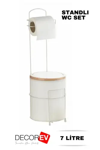 7 Liter Bathroom Kitchen Trash Can Metal Stand Toilet WC Paper Holder Set-White - DECOREV (1)