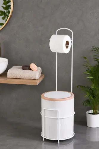 7 Litre Banyo Mutfak Çöp Kovası Metal Standlı Tuvalet Wc Kağıtlık Seti - Beyaz 