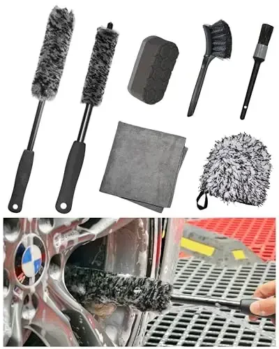 oesee 7PCS Pro-Grade Wheel Cleaning Kit: Long Handle Soft Wheel Brushes, Detailing Brush, Tire Scrubber, Wash Mitt, Hex-Logic Applicator & Microfiber Towel for Deep Car Detailing - 1