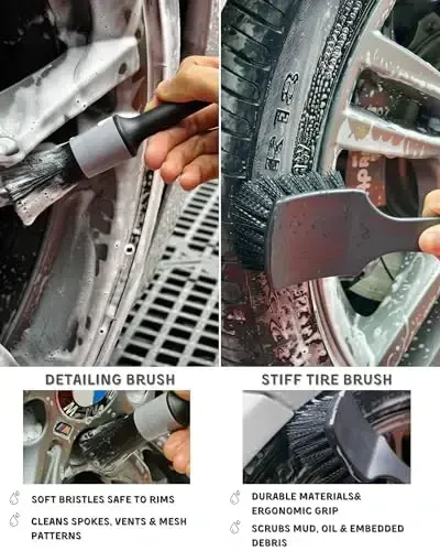 oesee 7PCS Pro-Grade Wheel Cleaning Kit: Long Handle Soft Wheel Brushes, Detailing Brush, Tire Scrubber, Wash Mitt, Hex-Logic Applicator & Microfiber Towel for Deep Car Detailing - 6
