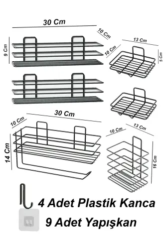 7 Parça Yapışkanlı Full Banyo Seti Duş Rafı Havluluk Tuvalet Kağıtlık Sabunluk Diş Fırçalık - siyah - 4