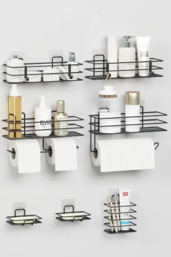 7 Parça Yapışkanlı Full Banyo Seti Duş Rafı Havluluk Tuvalet Kağıtlık Sabunluk Diş Fırçalık - siyah - 6