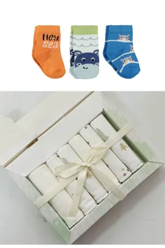 7-PIECE CUTE BEARS BIRTH SET (10-PIECE HOSPITAL DISCHARGE, BAG, BABY CARRIER, SWADDLE, BLANKET, HANDKERCHIEF, SOCKS SET) - BEIGE-TAN-NAVY-GRAY - 8