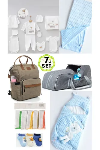 7-Piece Newborn Set (10-Piece Hospital Outfit, Bag, Baby Carrier, Swaddle, Blanket, Handkerchief and Socks Set)-Beige 