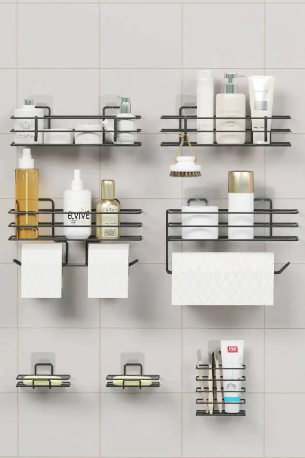 7 Piece Self Adhesive Full Bathroom Set Shower Shelf Towel Rail - 1