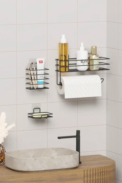 7 Piece Self Adhesive Full Bathroom Set Shower Shelf Towel Rail - 4