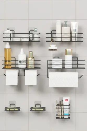 7 Piece Self Adhesive Full Bathroom Set Shower Shelf Towel Rail - 5