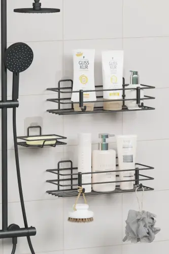 7 Piece Self Adhesive Full Bathroom Set Shower Shelf Towel Rail - 7