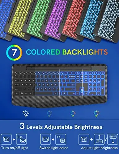 Wireless Keyboard with 7 Colored Backlits, Wrist Rest, Phone Holder, Rechargeable Ergonomic Computer Keyboard with Silent Keys, Full Size Lighted Keyboard for Windows, MacBook, PC, Laptop (Black) 
