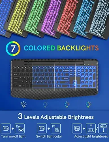 Wireless Keyboard with 7 Colored Backlits, Wrist Rest, Phone Holder, Rechargeable Ergonomic Computer Keyboard with Silent Keys, Full Size Lighted Keyboard for Windows, MacBook, PC, Laptop (Black) - Trueque