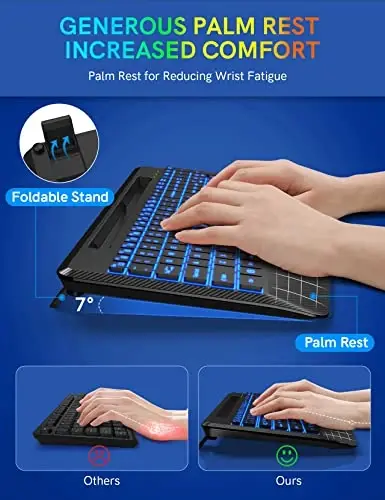 Wireless Keyboard with 7 Colored Backlits, Wrist Rest, Phone Holder, Rechargeable Ergonomic Computer Keyboard with Silent Keys, Full Size Lighted Keyboard for Windows, MacBook, PC, Laptop (Black) - TRUEQUE (1)