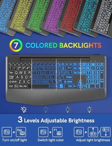 Wireless Keyboard with 7 Colored Backlits, Wrist Rest, Phone Holder, Rechargeable Ergonomic Computer Keyboard with Silent Keys, Full Size Lighted Keyboard for Windows, Mac, PC, Laptop (Large Print) - Trueque (1)