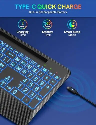 Wireless Keyboard with 7 Colored Backlits, Wrist Rest, Phone Holder, Rechargeable Ergonomic Computer Keyboard with Silent Keys, Full Size Lighted Keyboard for Windows, Mac, PC, Laptop (Large Print) - 4