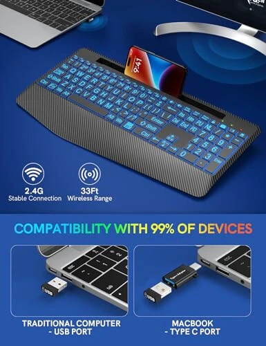 Wireless Keyboard with 7 Colored Backlits, Wrist Rest, Phone Holder, Rechargeable Ergonomic Computer Keyboard with Silent Keys, Full Size Lighted Keyboard for Windows, Mac, PC, Laptop (Large Print) - 5