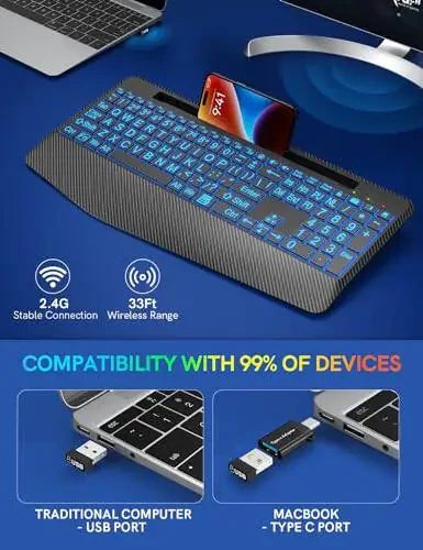 Wireless Keyboard with 7 Colored Backlits, Wrist Rest, Phone Holder, Rechargeable Ergonomic Computer Keyboard with Silent Keys, Full Size Lighted Keyboard for Windows, Mac, PC, Laptop (Large Print) - 5