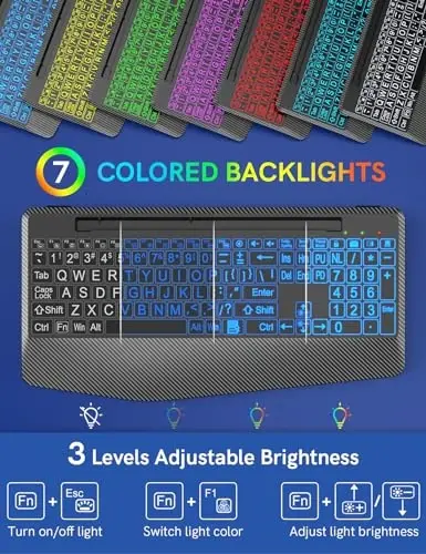 Wireless Keyboard with 7 Colored Backlits, Wrist Rest, Phone Holder, Rechargeable Ergonomic Computer Keyboard with Silent Keys, Full Size Lighted Keyboard for Windows, Mac, PC, Laptop (Large Print) - TRUEQUE (1)