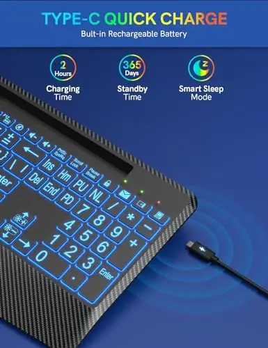Wireless Keyboard with 7 Colored Backlits, Wrist Rest, Phone Holder, Rechargeable Ergonomic Computer Keyboard with Silent Keys, Full Size Lighted Keyboard for Windows, Mac, PC, Laptop (Large Print) - 4