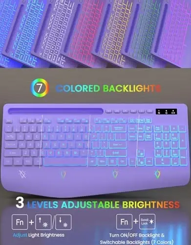 Wireless Keyboard with 7 Colored Backlits, Wrist Rest, Phone Holder, Rechargeable Ergonomic Computer Keyboard with Silent Keys, Full Size Lighted Keyboard for Windows, MacBook, PC, Laptop (Purple) - 2