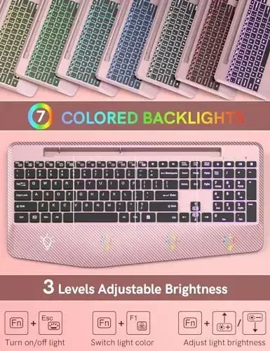 Wireless Keyboard with 7 Colored Backlits Wrist Rest, Phone Holder, Rechargeable Ergonomic Computer Keyboard with Silent Key, Full Size Lighted Keyboard for Windows, Mac, PC, Laptop (Rose gold) - TRUEQUE (1)
