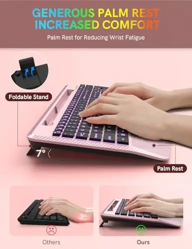Wireless Keyboard with 7 Colored Backlits Wrist Rest, Phone Holder, Rechargeable Ergonomic Computer Keyboard with Silent Key, Full Size Lighted Keyboard for Windows, Mac, PC, Laptop (Rose gold) - 3