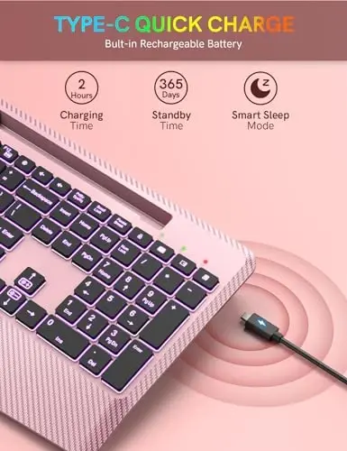 Wireless Keyboard with 7 Colored Backlits Wrist Rest, Phone Holder, Rechargeable Ergonomic Computer Keyboard with Silent Key, Full Size Lighted Keyboard for Windows, Mac, PC, Laptop (Rose gold) - 4