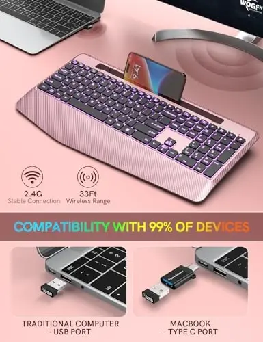 Wireless Keyboard with 7 Colored Backlits Wrist Rest, Phone Holder, Rechargeable Ergonomic Computer Keyboard with Silent Key, Full Size Lighted Keyboard for Windows, Mac, PC, Laptop (Rose gold) - 5