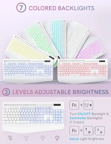 Wireless Keyboard and Mouse Combo with 7 Colored Backlits, Wrist Rest, Rechargeable Ergonomic Keyboard with Phone Holder, Silent Lighted Full Size Combo for Windows, Mac, PC, Laptop-Trueque (White) - 2