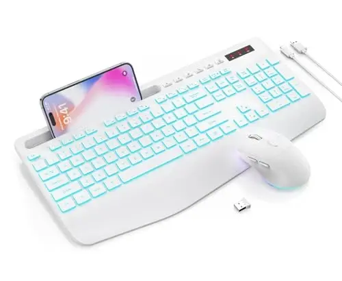 Wireless Keyboard and Mouse Combo with 7 Colored Backlits, Wrist Rest, Rechargeable Ergonomic Keyboard with Phone Holder, Silent Lighted Full Size Combo for Windows, Mac, PC, Laptop-Trueque (White) 