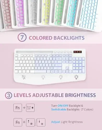 Trueque Wireless Keyboard with 7 Colored Backlits, Phone Holder, Wrist Rest, Rechargeable Ergonomic Keyboard with Silent Light Up Keys, Cordless Computer Keyboard for Windows, Mac, Laptop - (White) - 1