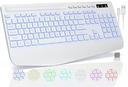 Trueque Wireless Keyboard with 7 Colored Backlits, Phone Holder, Wrist Rest, Rechargeable Ergonomic Keyboard with Silent Light Up Keys, Cordless Computer Keyboard for Windows, Mac, Laptop - (White) - 6