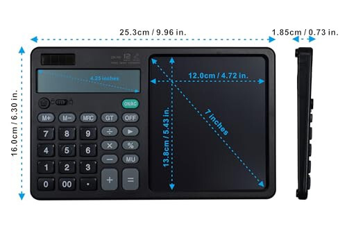 7'' Silinebilir Yazma Pedli Büyük Ekranlı Masaüstü Hesap Makinesi, 12 Haneli Büyük Ekranlı Ekran Jumbo Hesap Makinesi, İş Okulu Ofis için Güneş Pili ve Pille Çalışan Büyük Düğmeli Hesap Makineleri, Siyah - 3