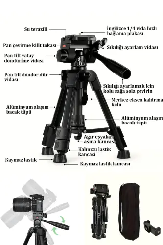 70 SM Professional Telefon Kamera Tutuc Çantalı Tripod, Su Terazili 3 Ayaklı Tripod-610 - 8