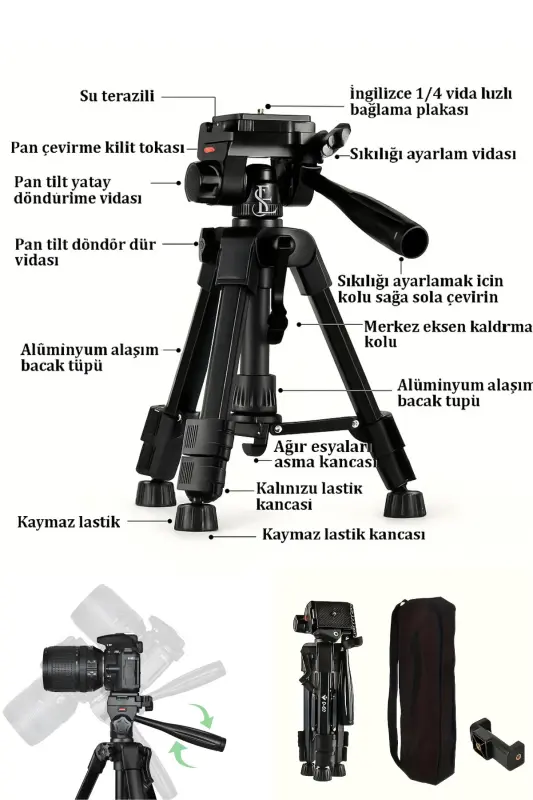 70 SM Professional Telefon Kamera Tutuc Çantalı Tripod, Su Terazili 3 Ayaklı Tripod-610 - 8