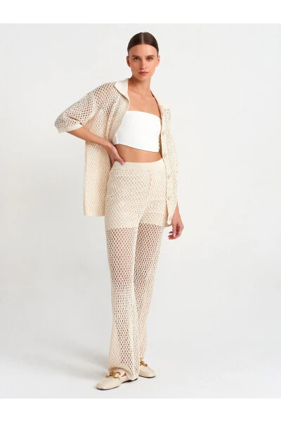 70159 Lace-Trimmed Lined Knit Trousers - Ecru - Dilvin