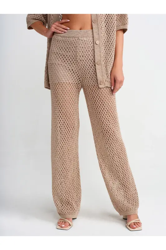 70159 Openwork Lined Knitted Trousers-Beige-Beige - 3