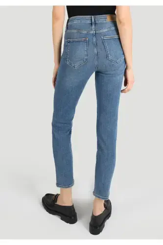 Slim Fit Orta Bel Düz Paça Kadın İndigo Jean Pantolon - 2