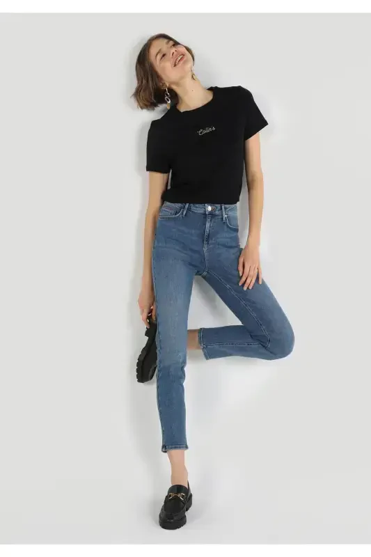 Slim Fit Orta Bel Düz Paça Kadın İndigo Jean Pantolon - 5