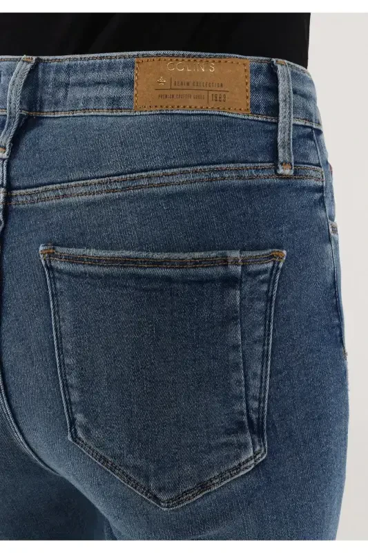 Slim Fit Orta Bel Düz Paça Kadın İndigo Jean Pantolon - 6
