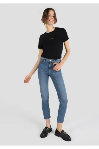 703 Carla Slim Fit Oddiy Belli To'g'ri Oyoqli Ko'k Ayollar Jinsi Shimi - 3