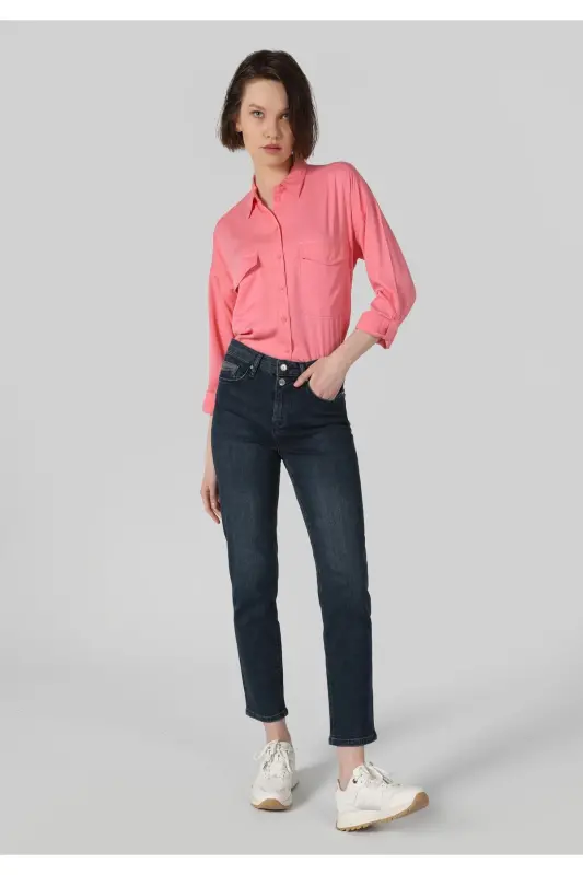 703 Carla Slim Fit Regular Waist Straight Leg Blue Women's Trousers - COLIN'S