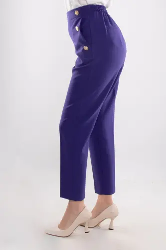 70503 Beli Lastikli Gold Düğmeli Krep Kadın Pantolon-MOR - 4