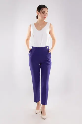 70503 Beli Lastikli Gold Düğmeli Krep Kadın Pantolon-MOR - 2