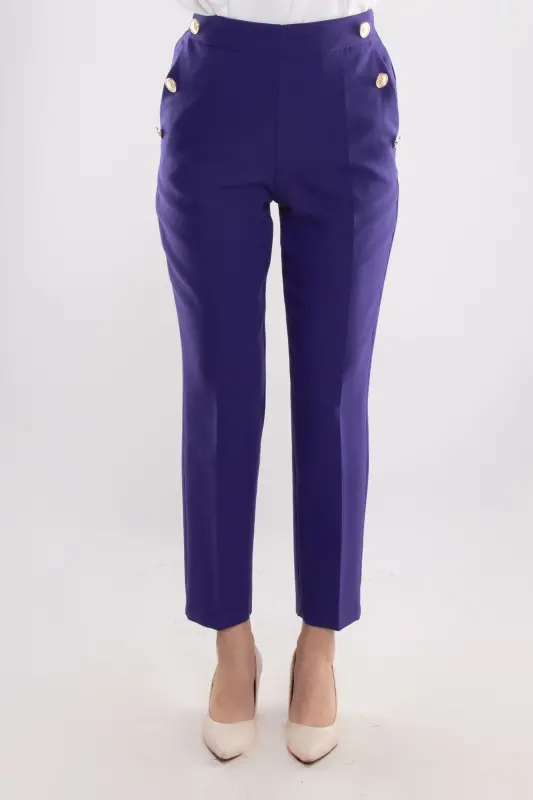 70503 Beli Lastikli Gold Düğmeli Krep Kadın Pantolon-MOR - 3