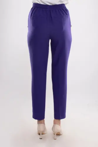 70503 Beli Lastikli Gold Düğmeli Krep Kadın Pantolon-MOR - 5