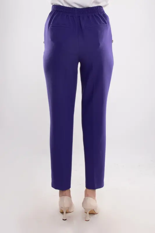 70503 Beli Lastikli Gold Düğmeli Krep Kadın Pantolon-MOR - 5