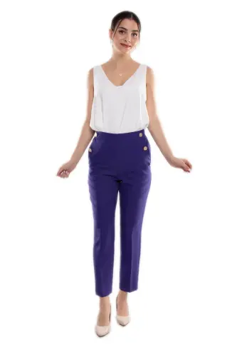 70503 Beli Lastikli Gold Düğmeli Krep Kadın Pantolon-MOR 