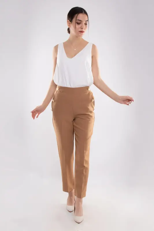 70503 Elastic Waist Gold Button Crepe Women's Trousers-CAMEL - 2